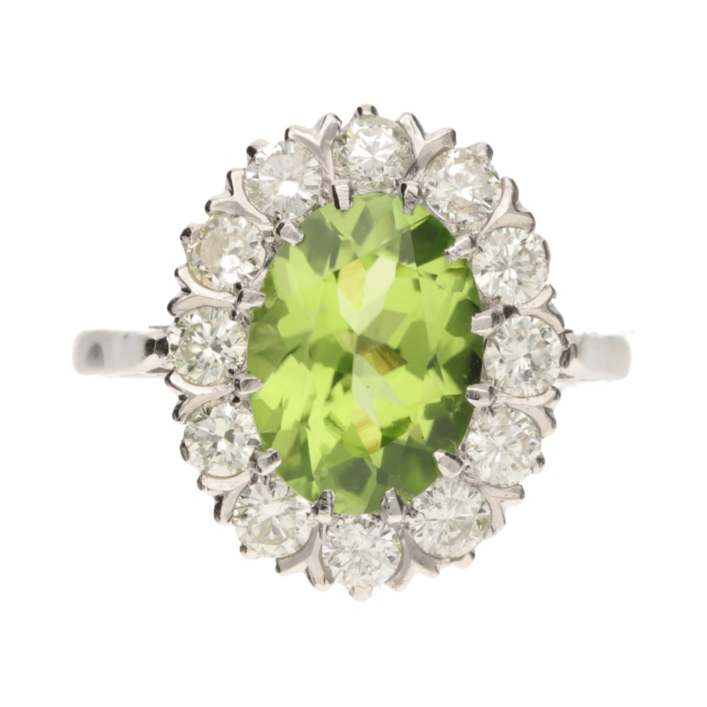 Pre - Owned 18ct White Gold Large Oval Peridot & Diamond Cluster Ring