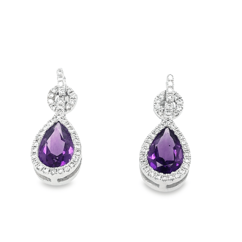 Pre - Owned 18ct White Gold Pear Cut Amethyst Halo Drop Stud Earrings.