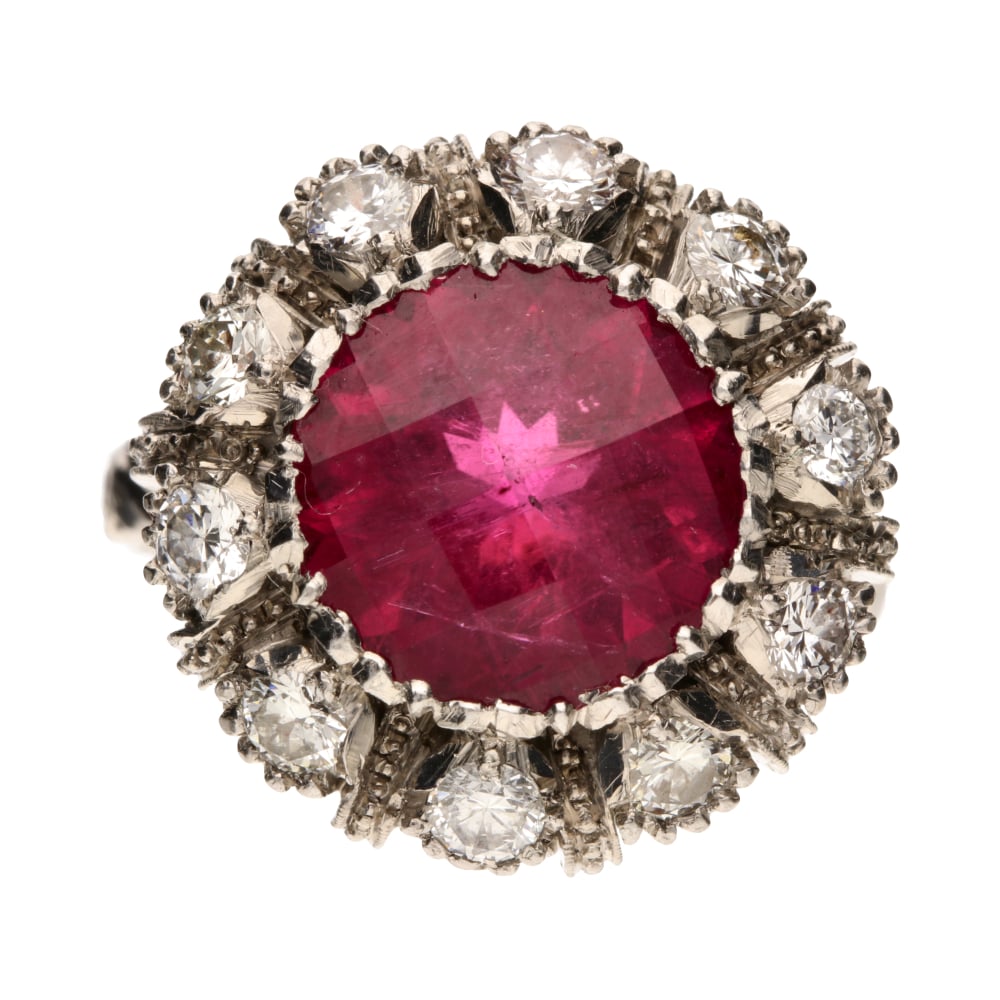 Pre - Owned 18ct White Gold Pink Tourmaline & Diamond Set Ornate Cluster Ring.