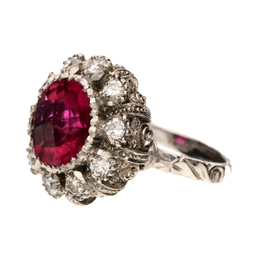 Pre - Owned 18ct White Gold Pink Tourmaline & Diamond Set Ornate Cluster Ring.