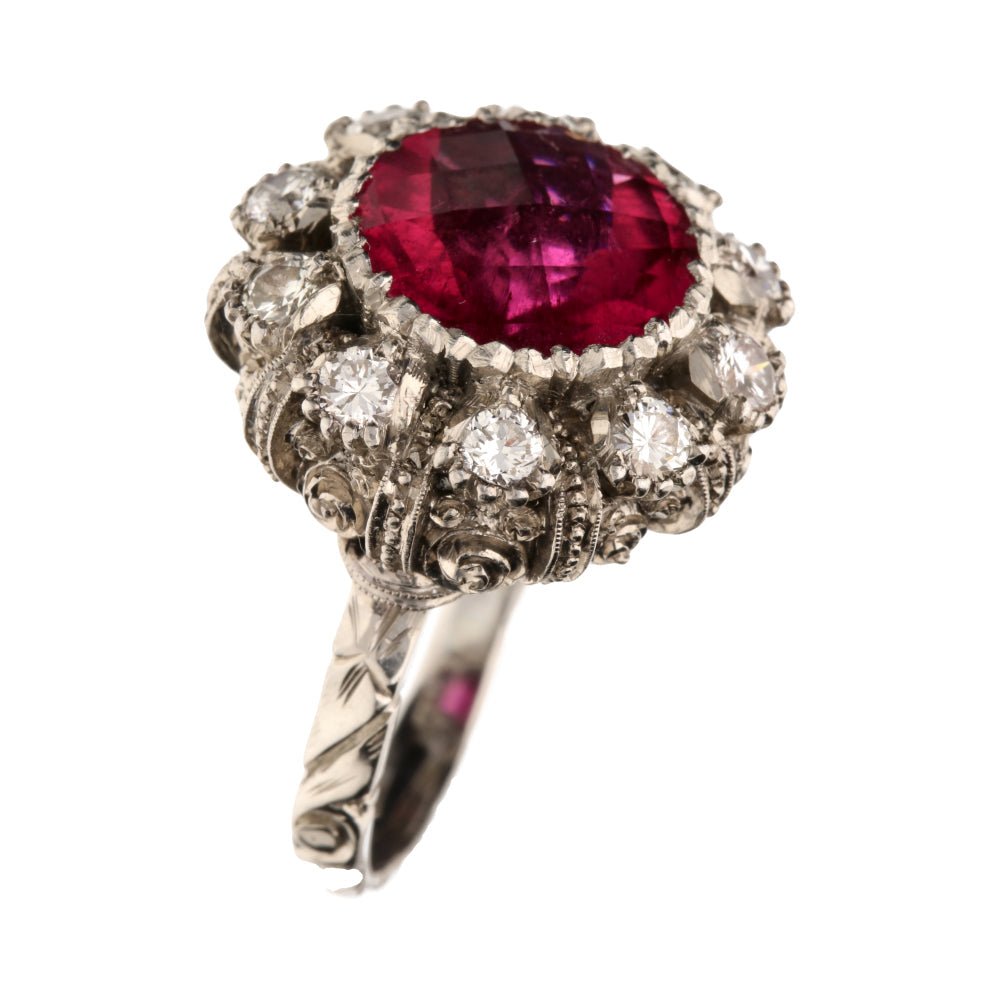Pre - Owned 18ct White Gold Pink Tourmaline & Diamond Set Ornate Cluster Ring.