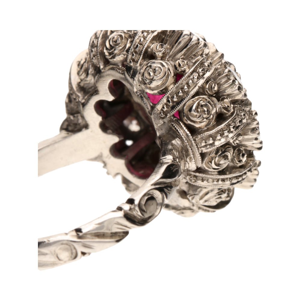 Pre - Owned 18ct White Gold Pink Tourmaline & Diamond Set Ornate Cluster Ring.