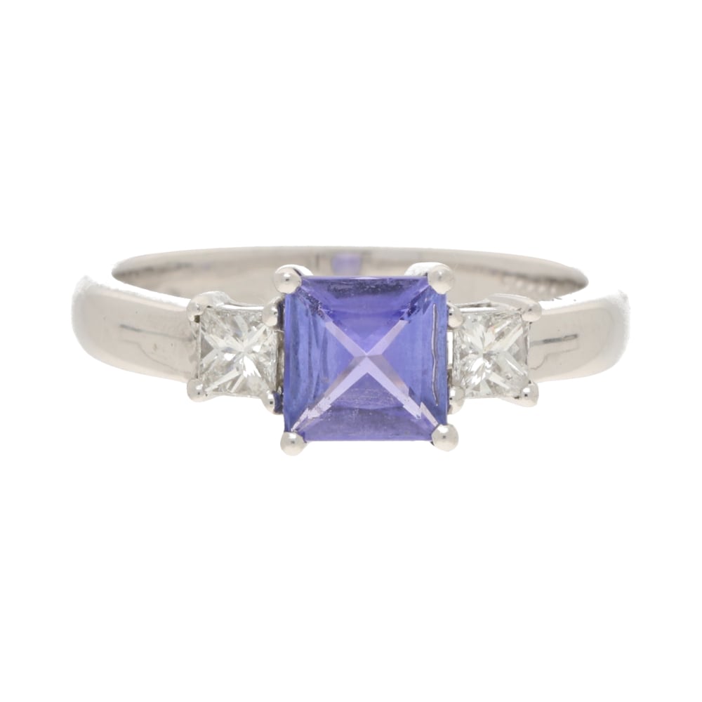 Pre - Owned 18ct White Gold Princess Cut Tanzanite & Diamond Trilogy Ring