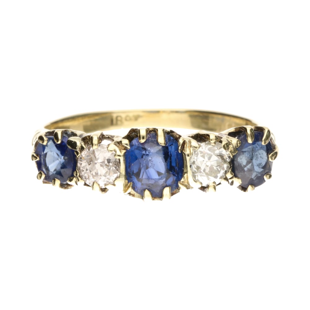 Pre - Owned 18ct Yellow Gold 5 Stone Old Cut Sapphire &amp; Diamond Ring