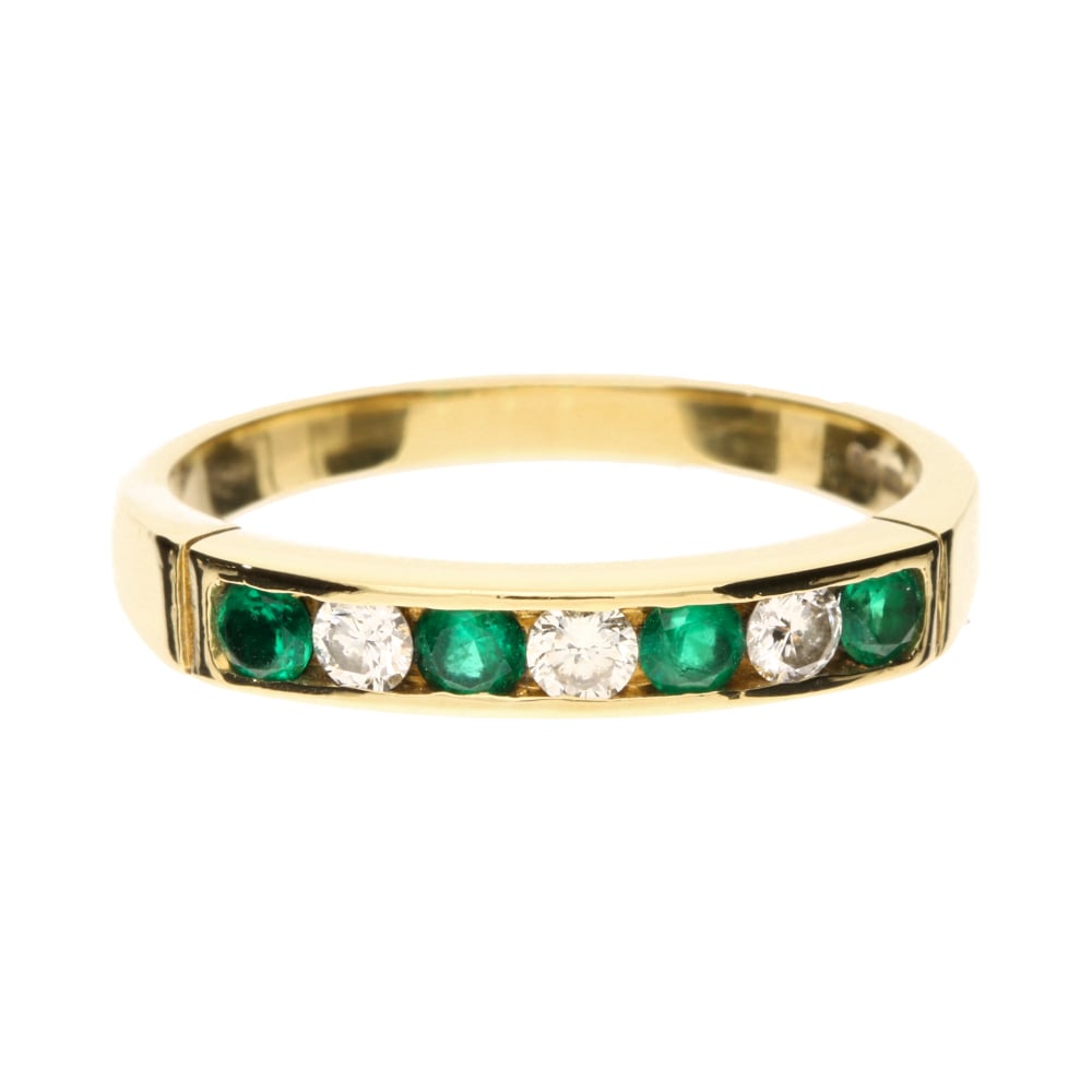 Pre - Owned 18ct Yellow Gold Emerald & Diamond Channel Set Half Eternity Ring