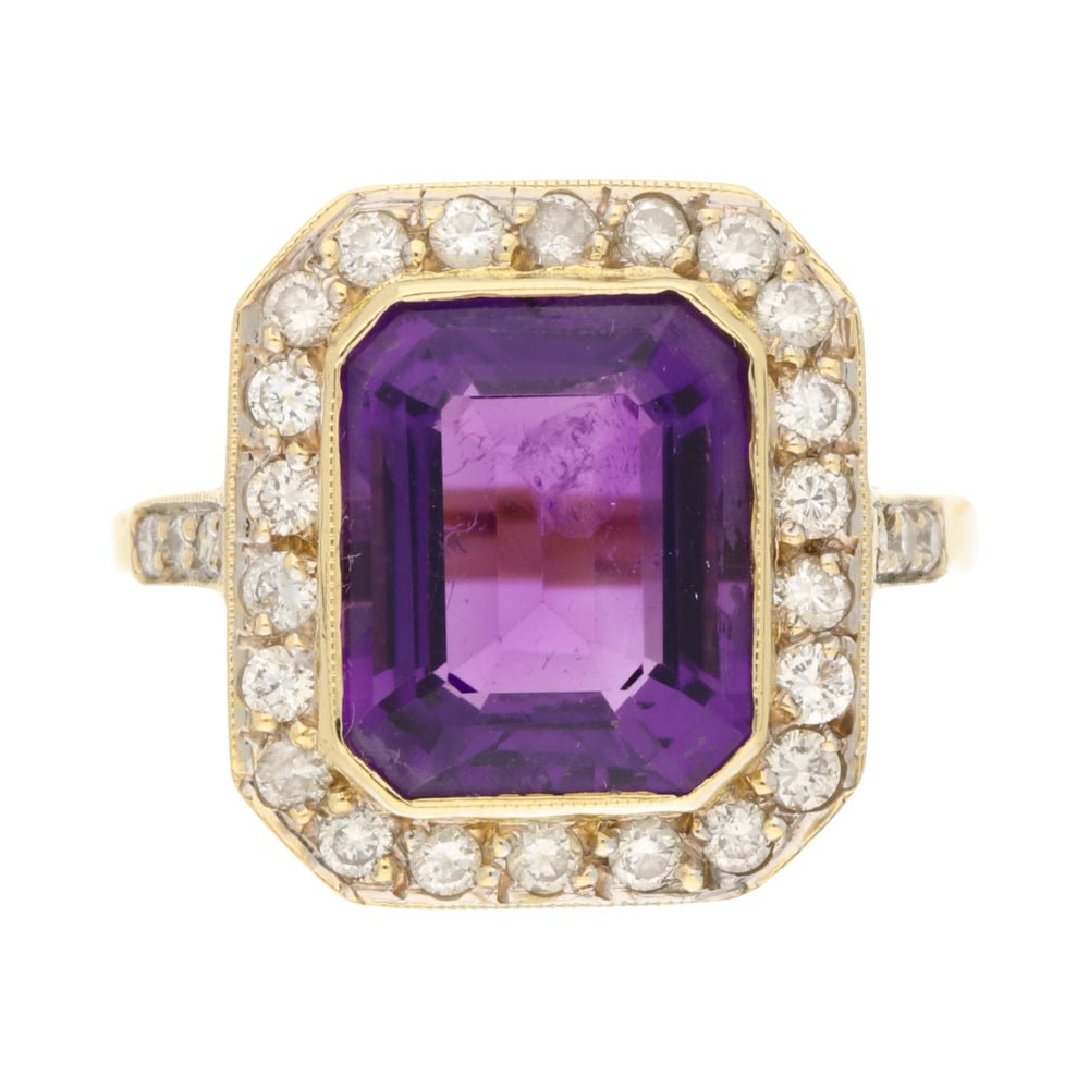 Pre - Owned 18ct Yellow Gold Octagonal Amethyst & Diamond Vintage Cluster Ring