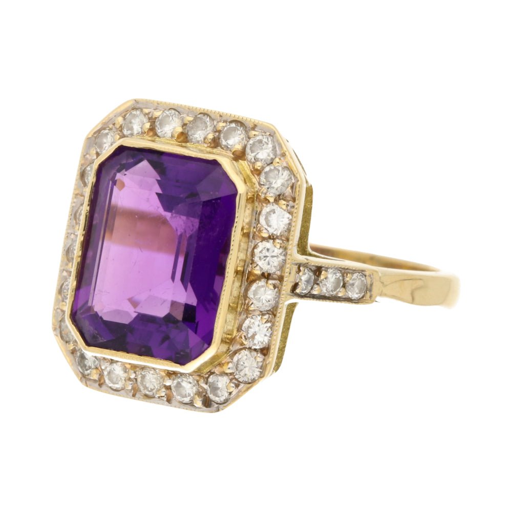 Pre - Owned 18ct Yellow Gold Octagonal Amethyst & Diamond Vintage Cluster Ring