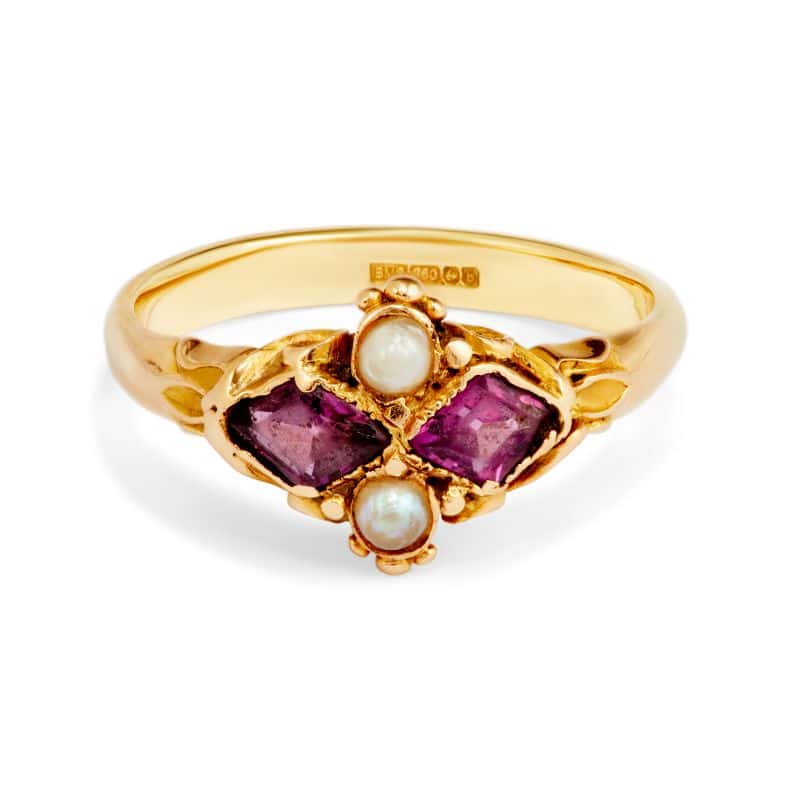 Pre - Owned 18ct Yellow Gold Pearl and Rhodolite Ring.