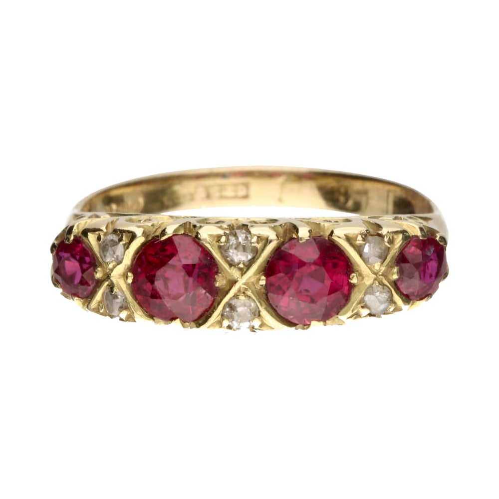 Pre - Owned 18ct Yellow Gold Ruby & Diamond Boat Ring