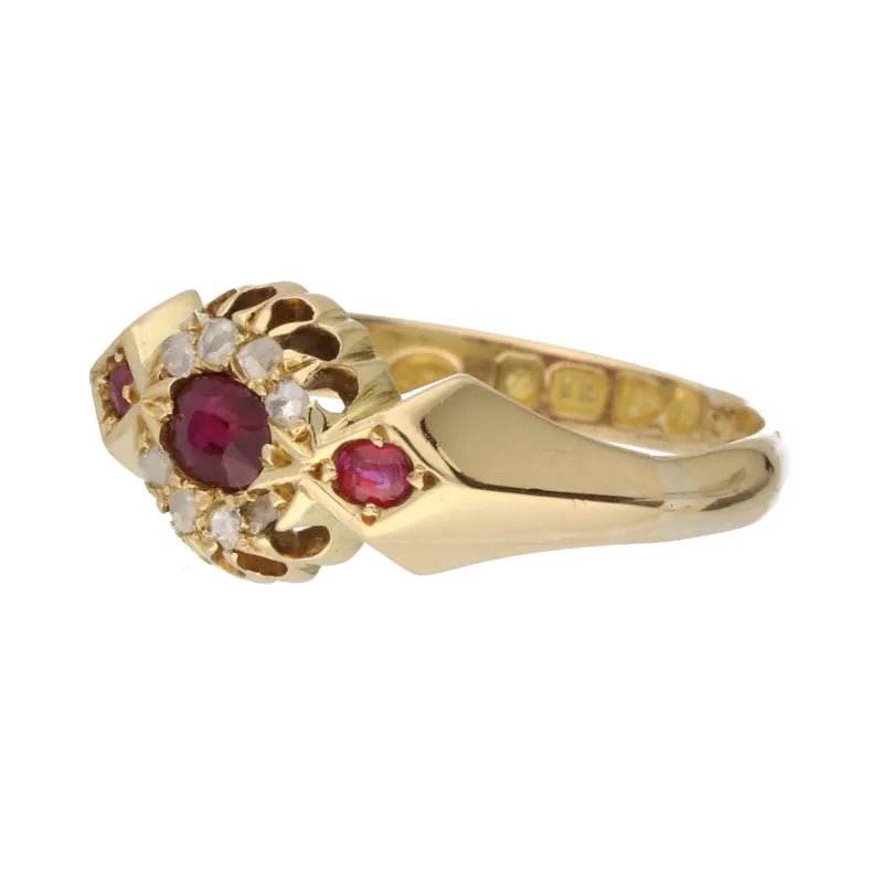 Pre - Owned 18ct Yellow Gold Vintage Old Cut Ruby & Diamond Cluster Ring2026W30-9-1