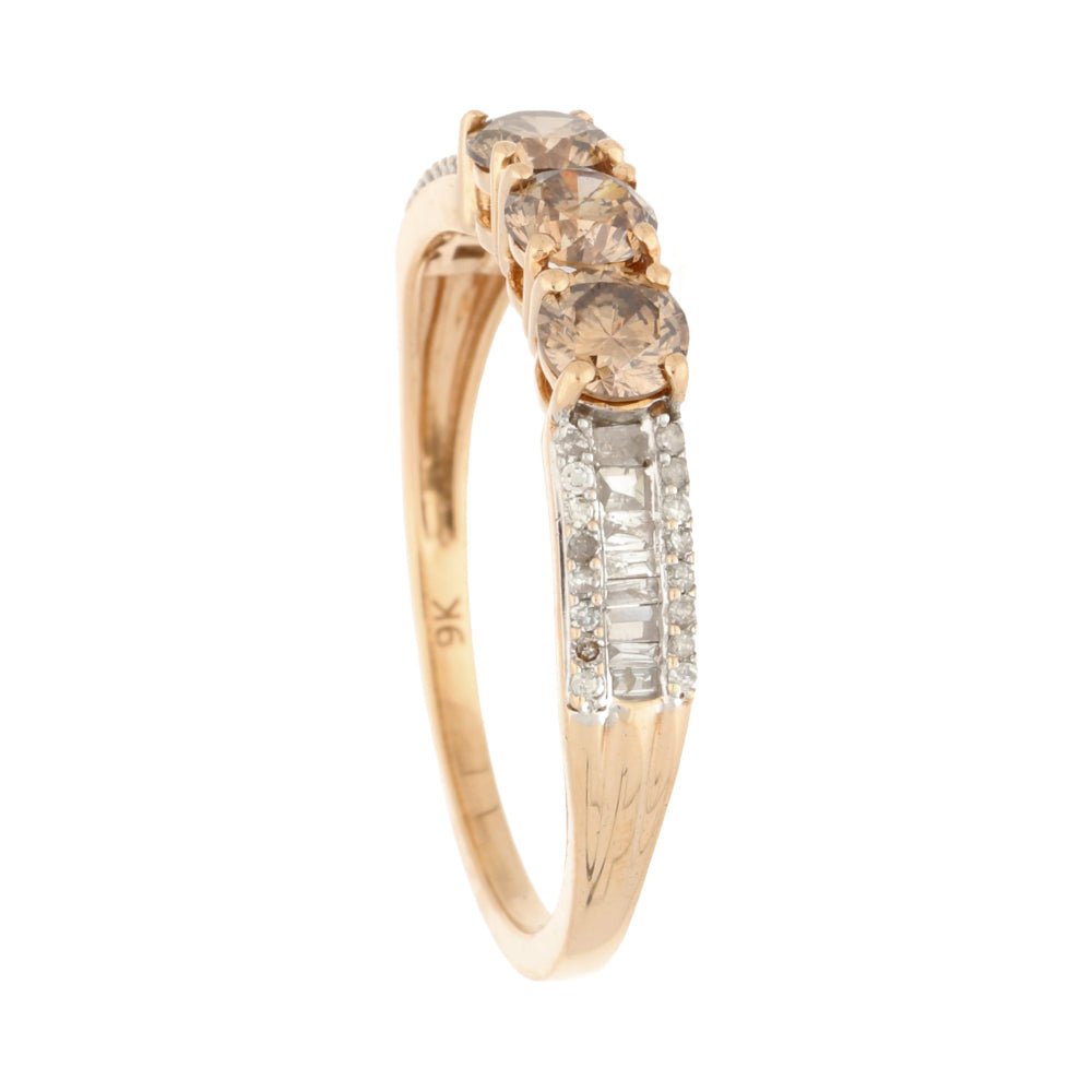 Pre - Owned 9ct Rose Gold Triple Stone Champagne Diamond Ring