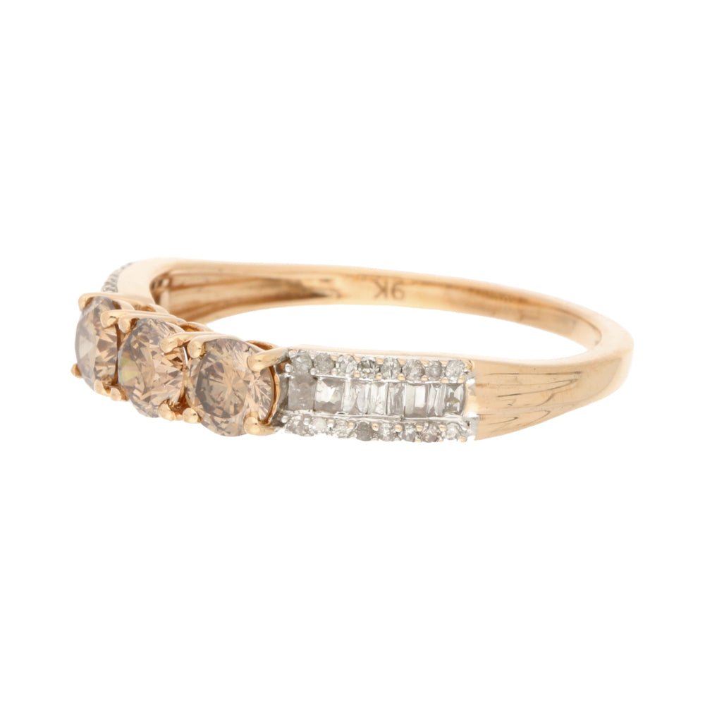 Pre - Owned 9ct Rose Gold Triple Stone Champagne Diamond Ring