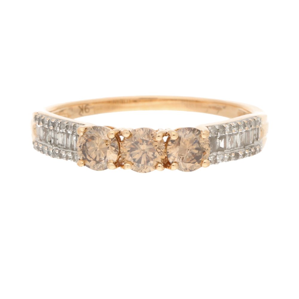Pre - Owned 9ct Rose Gold Triple Stone Champagne Diamond Ring