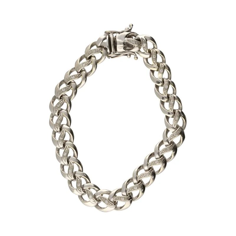 Pre - Owned 9ct White Gold Diamond Set Heavy Curb Bracelet 19cm2026W31-6-6