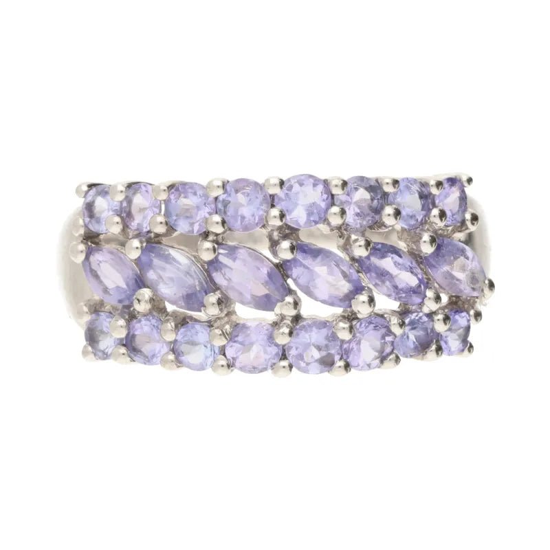 Pre - Owned 9ct White Gold Marquise/Round Cut Tanzanite Cluster Ring2025W11-9-10