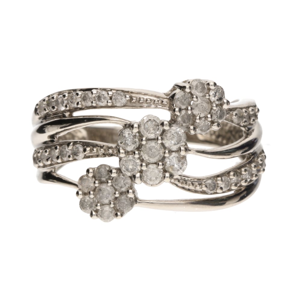Pre - Owned 9ct White Gold Multi Row Diamond Flower Cluster Ring