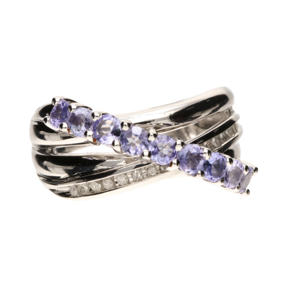 Pre - Owned 9ct White Gold Tanzanite & Diamond Crossover Ring