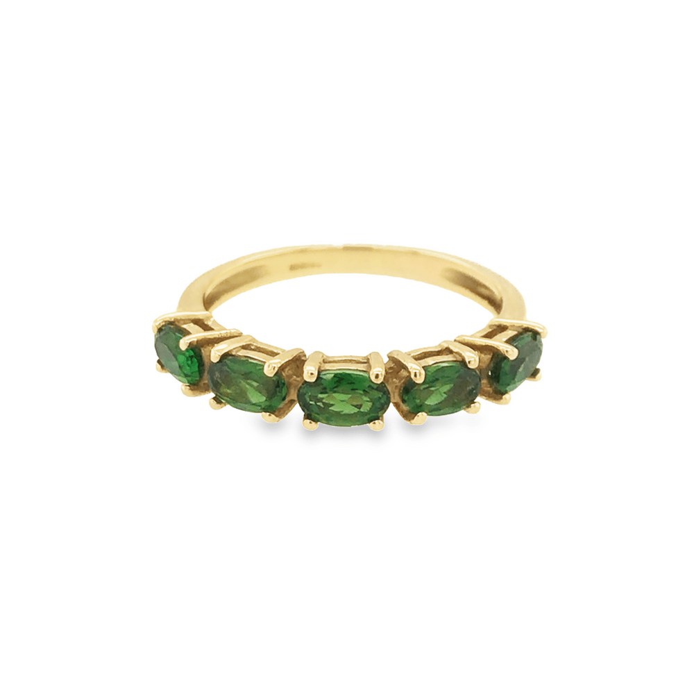 Pre - Owned 9ct Yellow Gold 5 Stone Green Cubic Zirconia ring.
