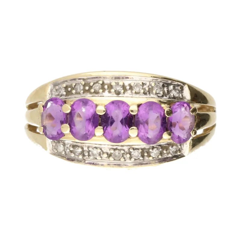 Pre - Owned 9ct Yellow Gold 5 Stone Oval Cut Amethyst & Diamond Set Ring2025W11-7-7