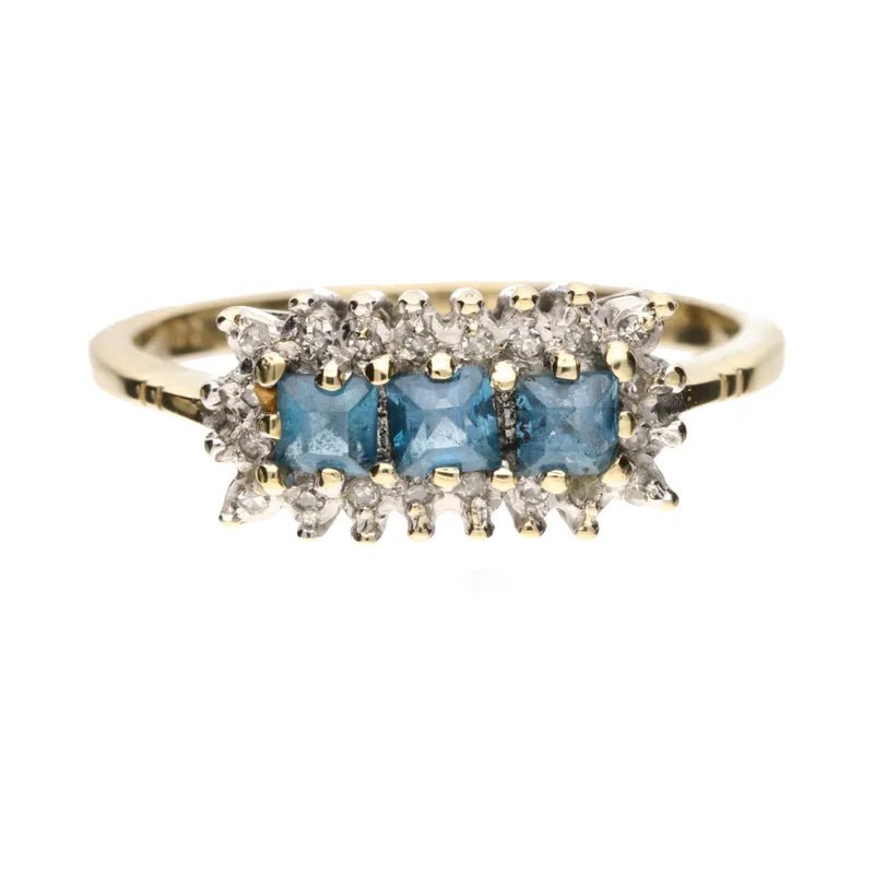 Pre - Owned 9ct Yellow Gold Blue Topaz & Diamond Cluster Ring2025W33 - 6 - 10
