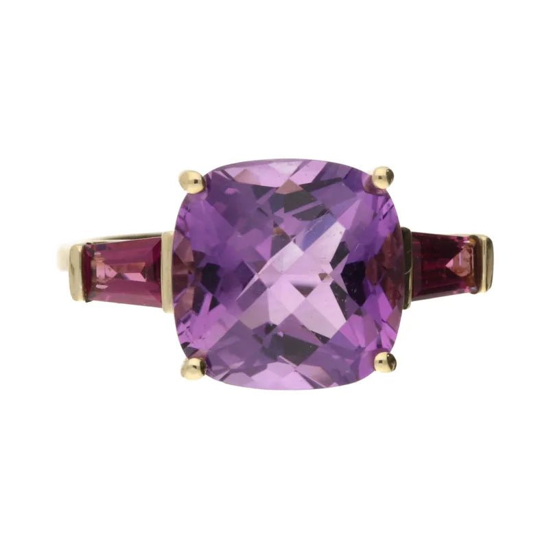 Pre - Owned 9ct Yellow Gold Cushion Cut Amethyst & Baugette Cut Pink Sapphire Ring2025W11-6-7
