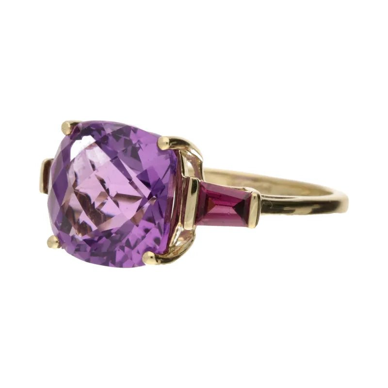 Pre - Owned 9ct Yellow Gold Cushion Cut Amethyst & Baugette Cut Pink Sapphire Ring2025W11-6-7