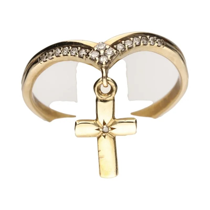 Pre - Owned 9ct Yellow Gold Diamond Dangle Cross Wishbone Ring270899