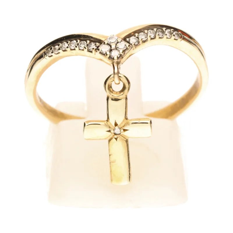 Pre - Owned 9ct Yellow Gold Diamond Dangle Cross Wishbone Ring270899