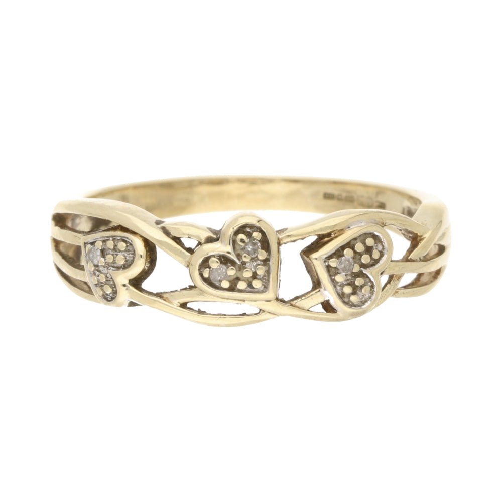 Pre - Owned 9ct Yellow Gold Diamond Set Triple Heart Ring