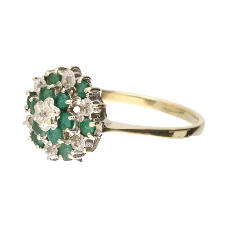 Pre - Owned 9ct Yellow Gold Emerald & Diamond Cluster Ring2025W16-17