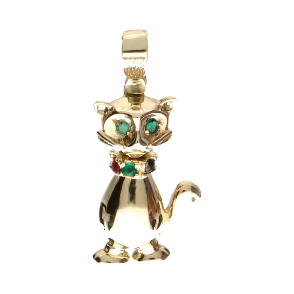 Pre - Owned 9ct Yellow Gold Emerald, Sapphire & Ruby Set Cat Pendant 18inch