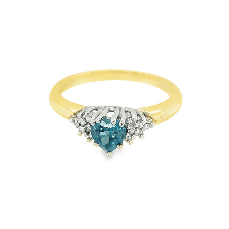 Pre - Owned 9ct Yellow Gold Heart Blue Topaz &amp; Diamond Ring