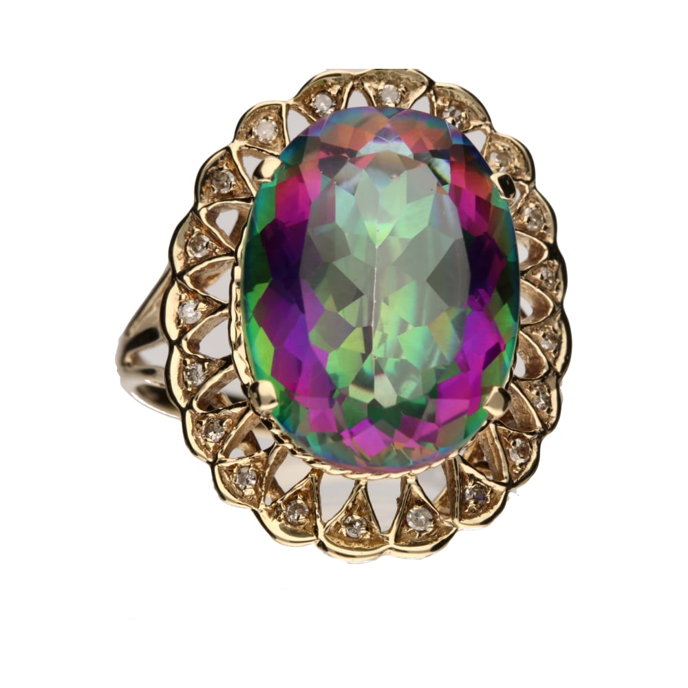 Pre - Owned 9ct Yellow Gold Large Oval Cut Mystic Topaz & Diamond Set Dress Ring