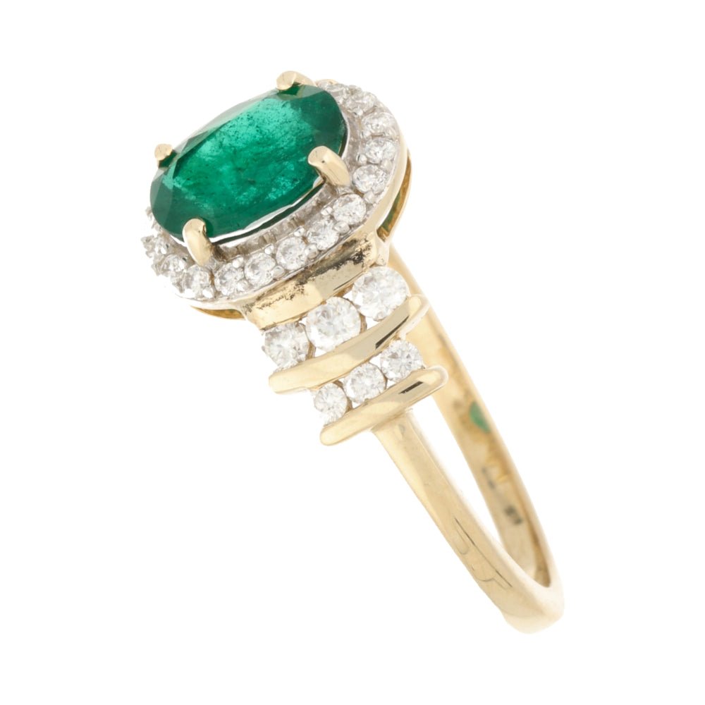 Pre - Owned 9ct Yellow Gold Oval Emerald & Diamond Cluster Ring