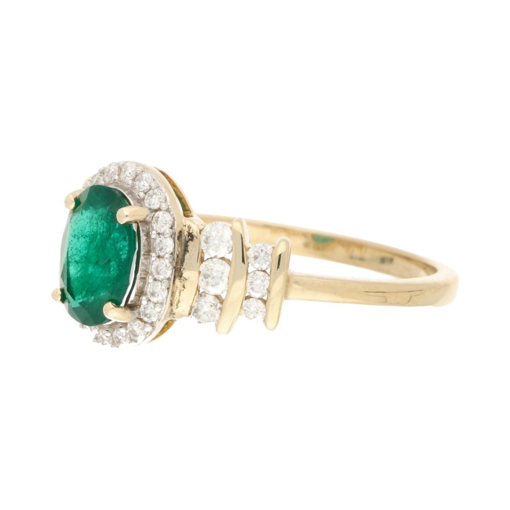 Pre - Owned 9ct Yellow Gold Oval Emerald & Diamond Cluster Ring