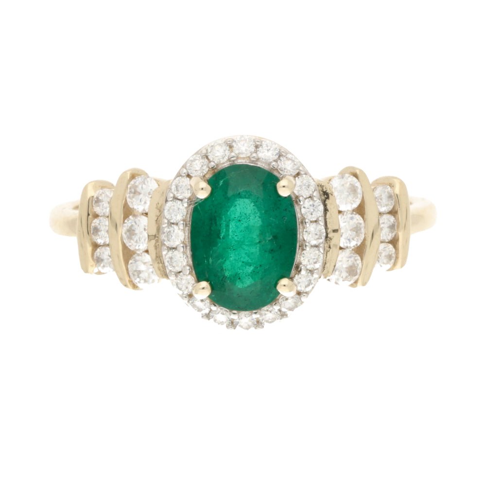 Pre - Owned 9ct Yellow Gold Oval Emerald & Diamond Cluster Ring