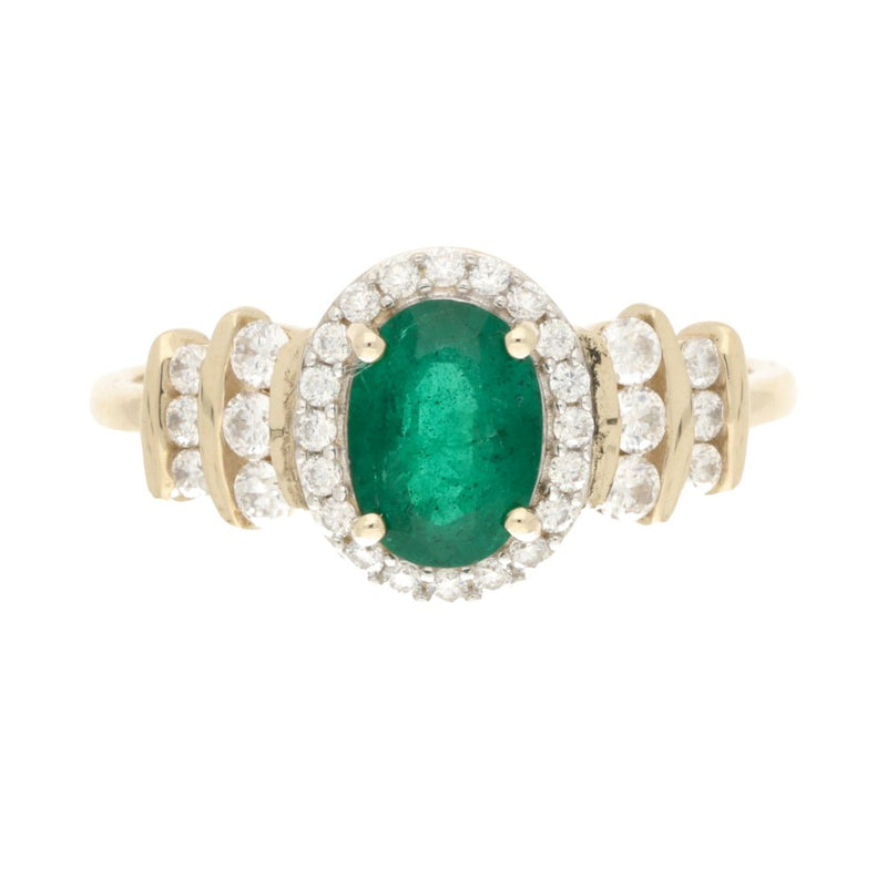 Pre - Owned 9ct Yellow Gold Oval Emerald & Diamond Cluster Ring