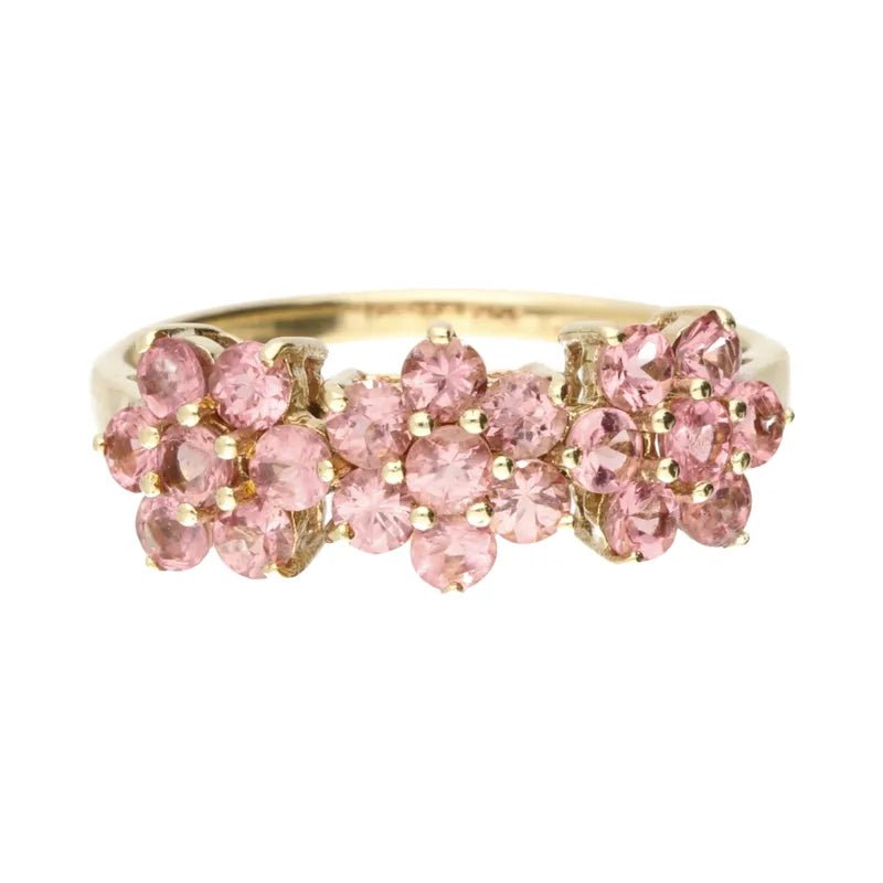 Pre - Owned 9ct Yellow Gold Pink Stone Triple Flower Cluster Ring2025W16-16