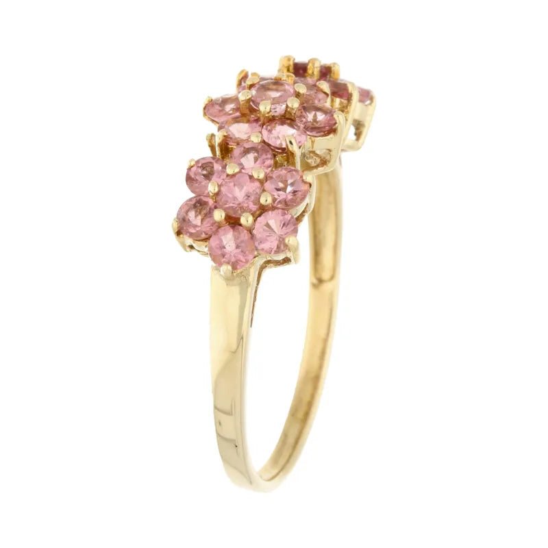 Pre - Owned 9ct Yellow Gold Pink Stone Triple Flower Cluster Ring2025W16-16