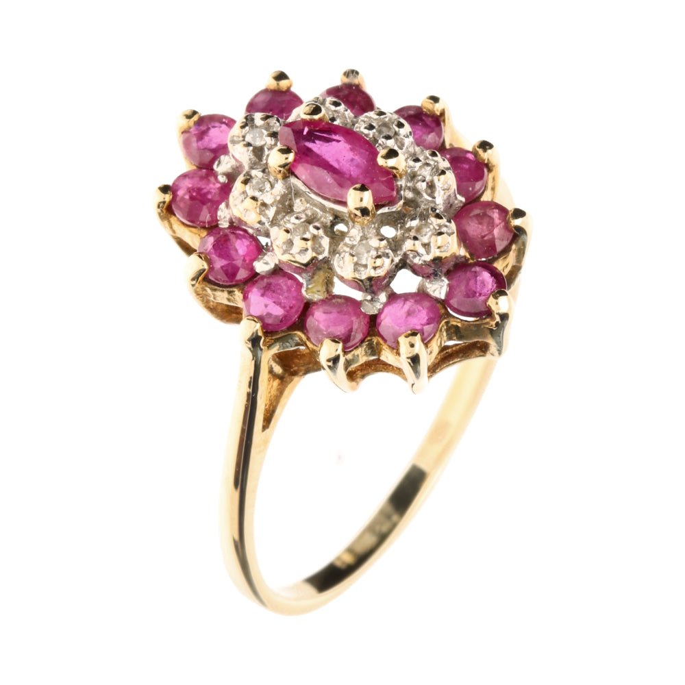Pre - Owned 9ct Yellow Gold Ruby & Diamond Cluster Ring