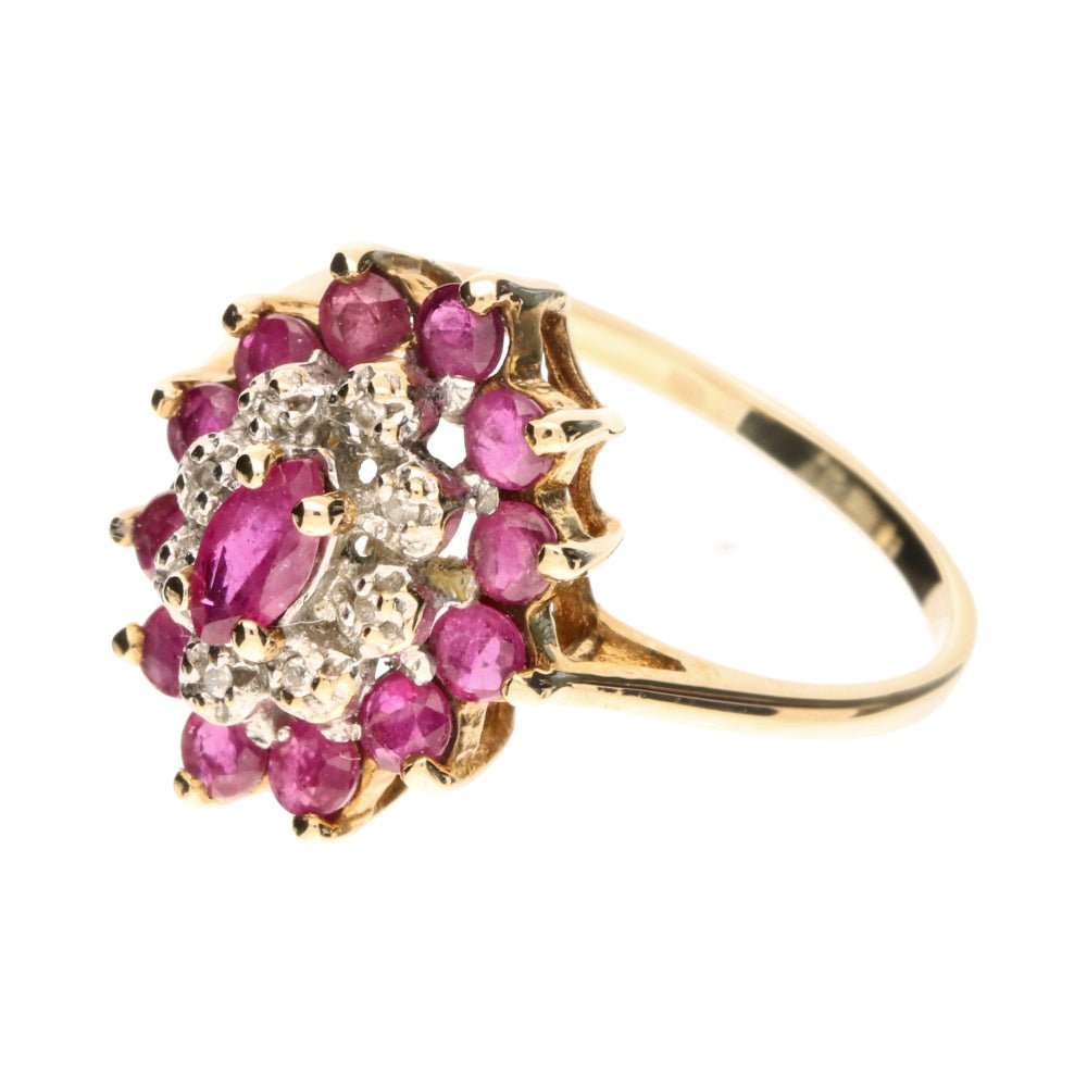 Pre - Owned 9ct Yellow Gold Ruby & Diamond Cluster Ring