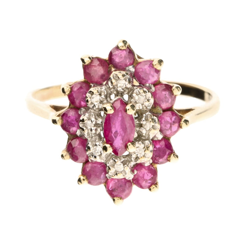 Pre - Owned 9ct Yellow Gold Ruby & Diamond Cluster Ring