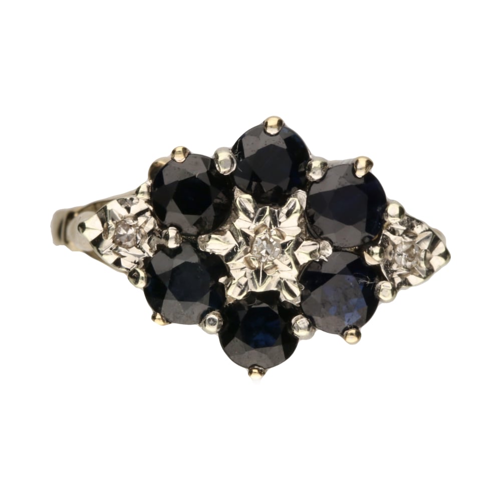 Pre - Owned 9ct Yellow Gold Sapphire 0.90ct & Diamond 0.03ct Set Cluster Ring