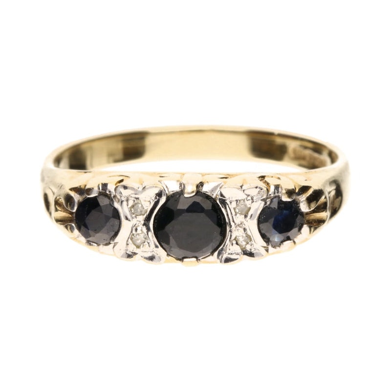 Pre - Owned 9ct Yellow Gold Sapphire &amp; Diamond Set Carved Head Ring