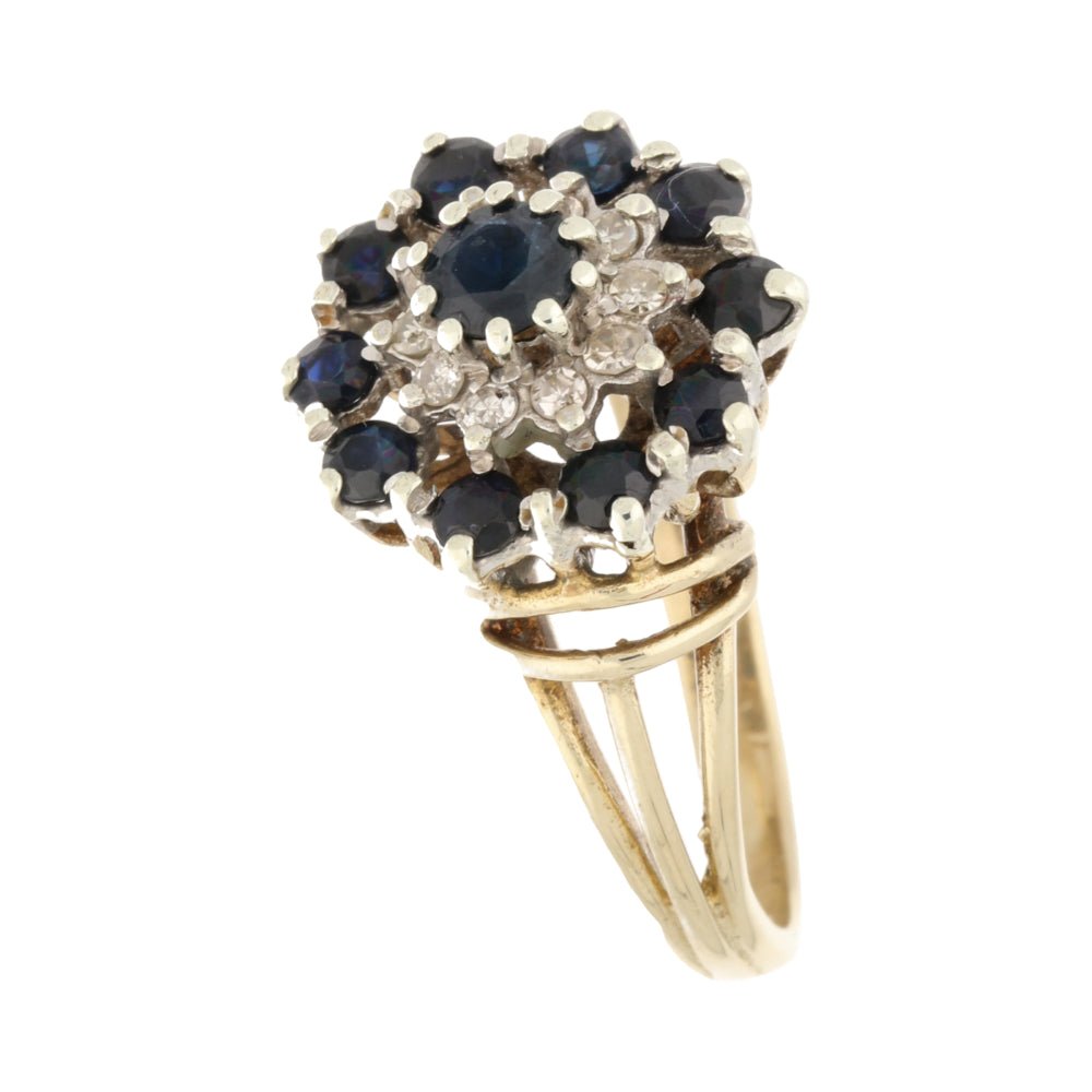 Pre - Owned 9ct Yellow Gold Sapphire & Diamond Cluster Ring