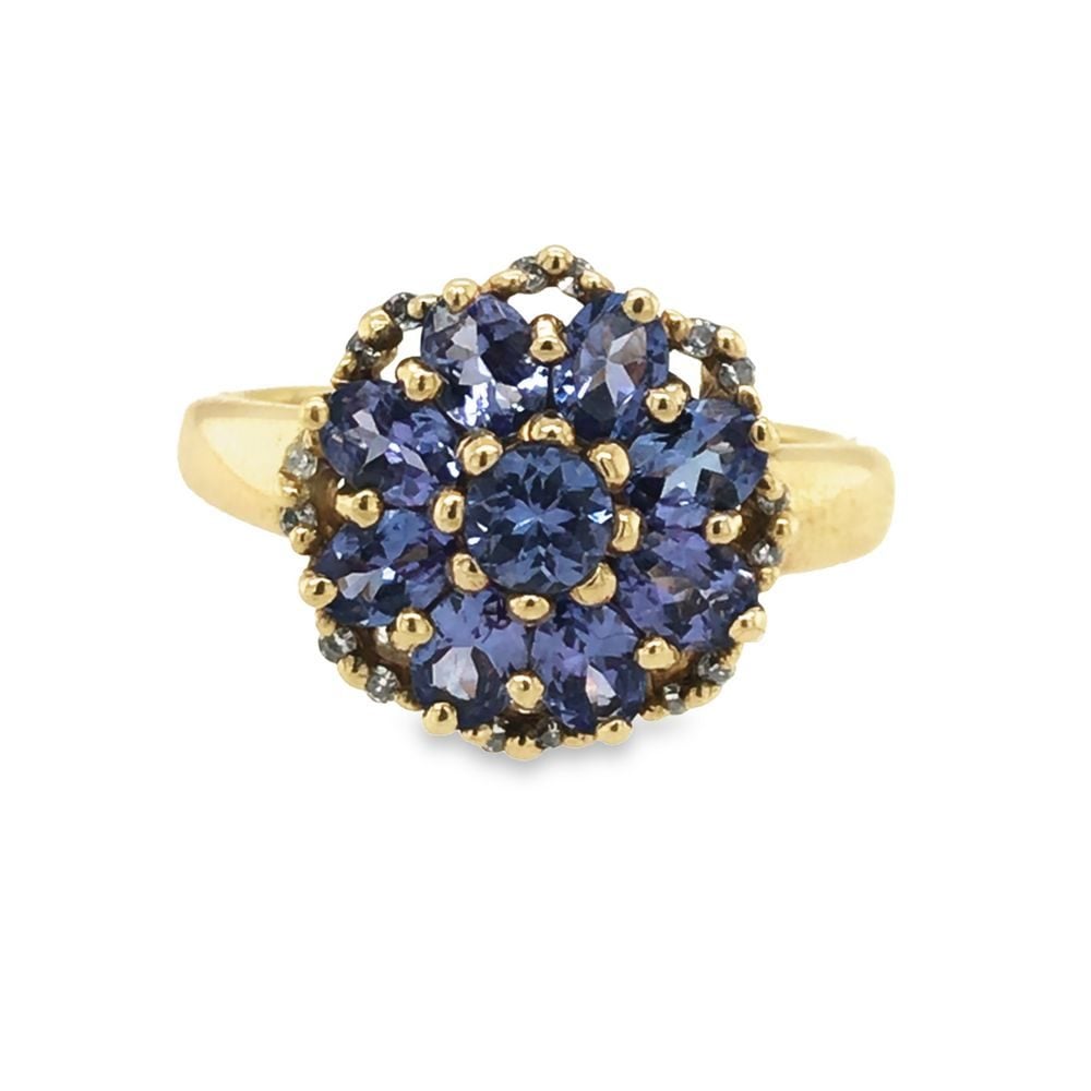 Pre - Owned 9ct Yellow Gold Tanzanite Cluster Ring