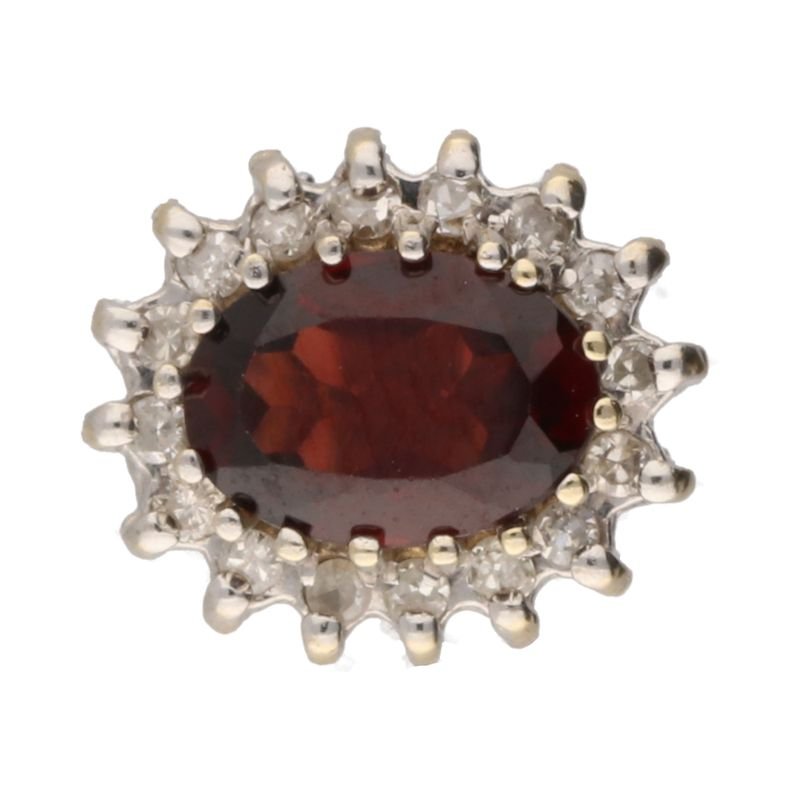 Pre - Owned 9ct Yellow/White Two Tone Garnet &amp; Diamond Oval Cluster Stud Earrings