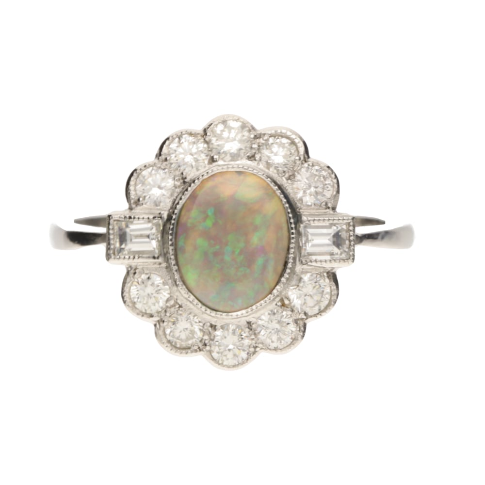 Pre - Owned Platinum Opal & Diamond Cluster Vintage Style Ring