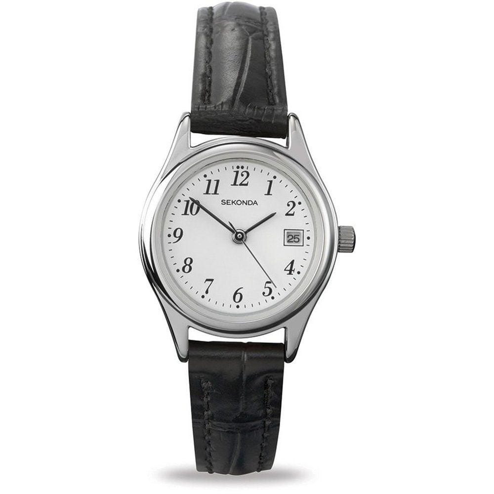 Sekonda Ladies Easy Read Watch with Black Leather Strap, Silver Case &amp; White Dial 4081.27