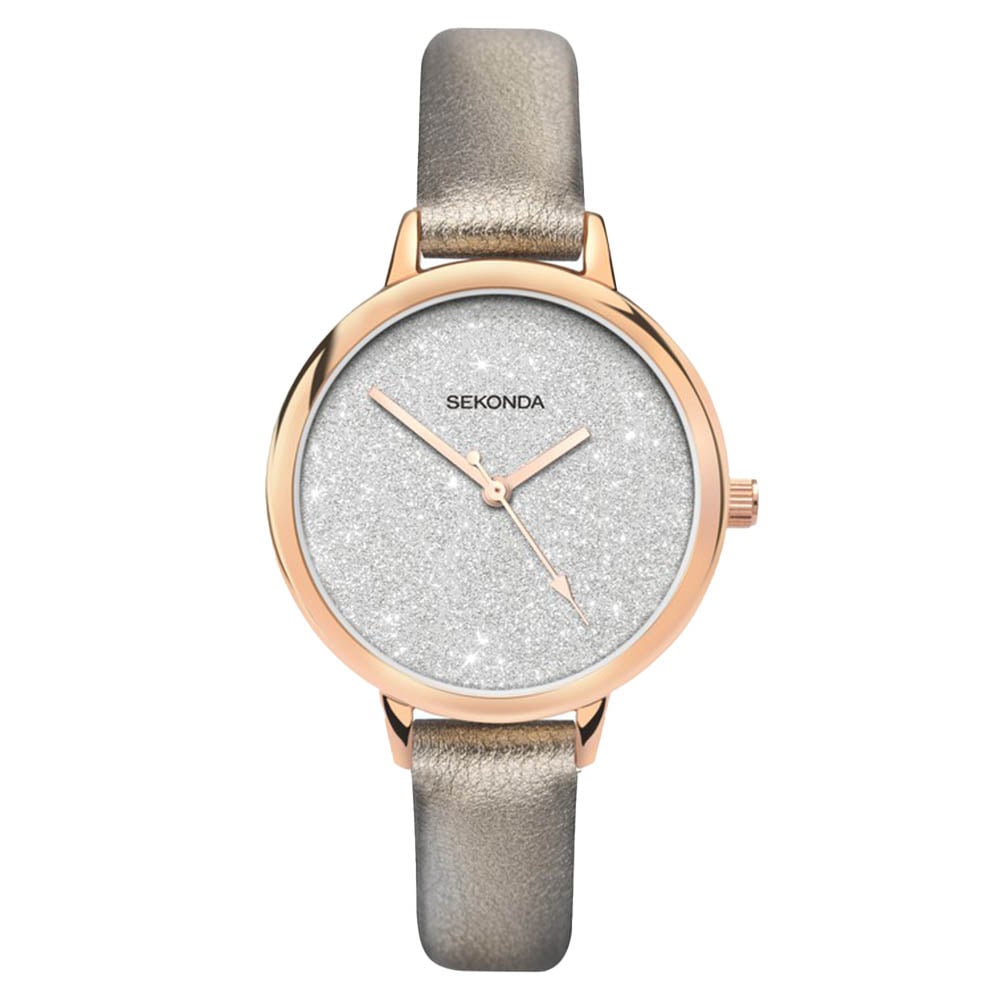 Sekonda Ladies Modern Silver Leather Strap Watch 40023.27